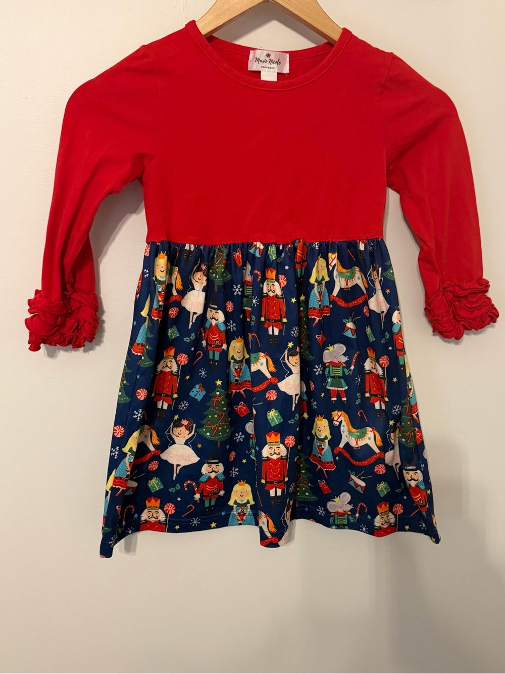 Marie Nicole Christmas Nutcracker Ruffle Dress Girls XL (6/7) Red Navy Holiday